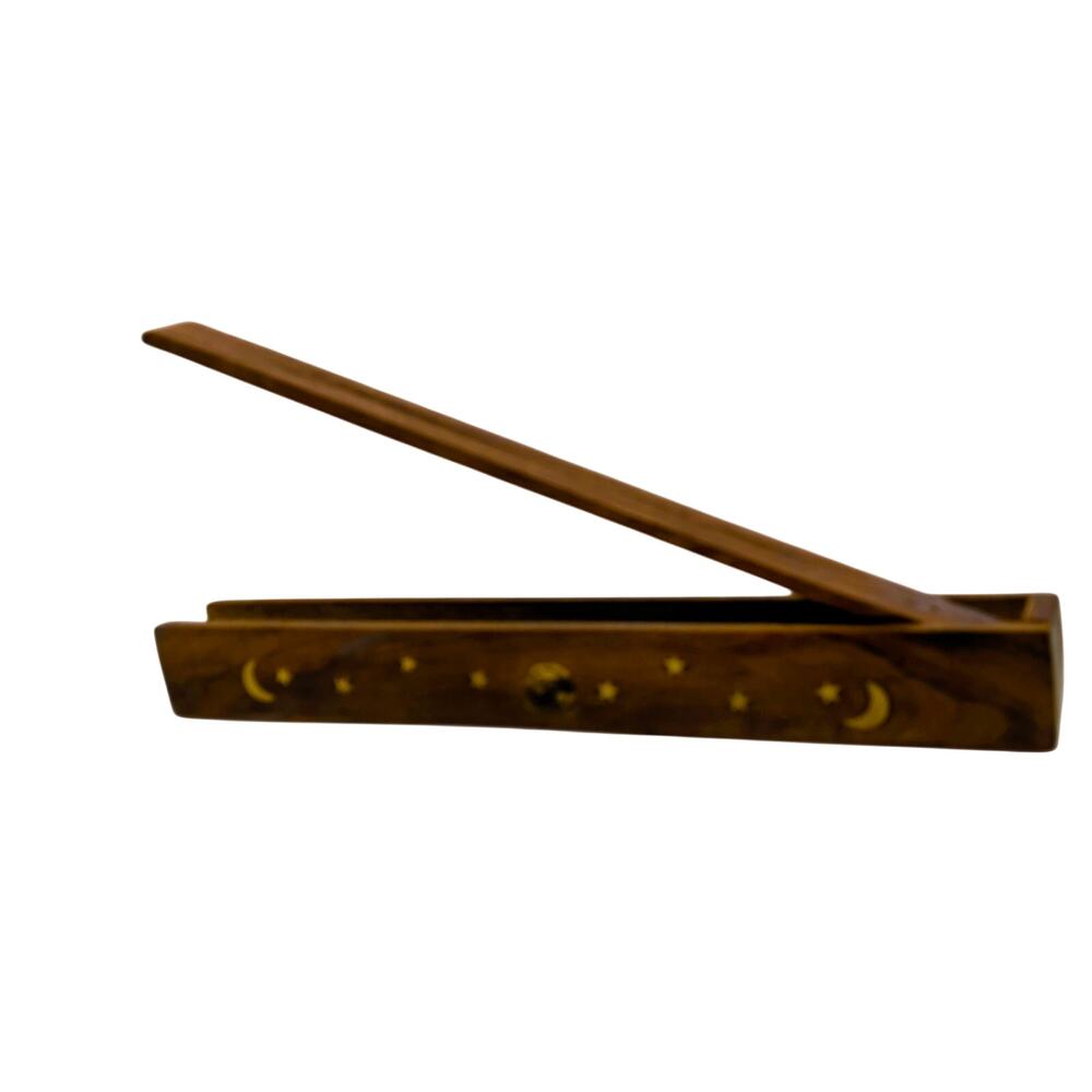 Hand Carved Wood Moon & Stars Flip Top Incense Box for 11" Sticks